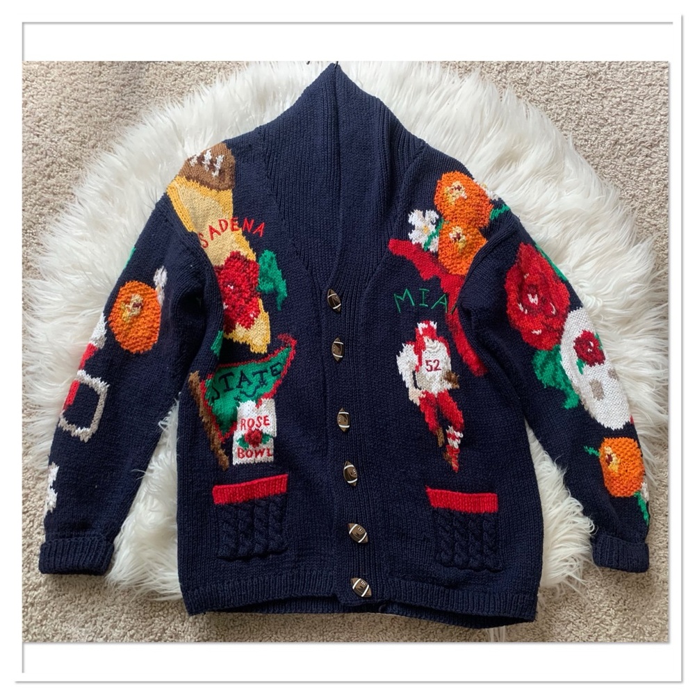 The Eagles Eye Vintage Hand Knit Football Theme Cardigan Sweater Multicolor